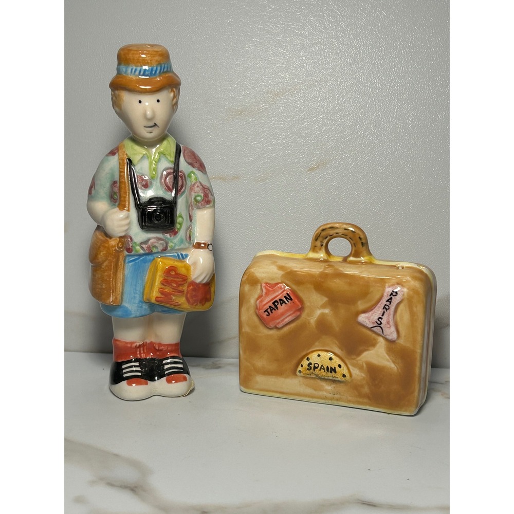 OCI Omnibus Tourist and Suitcase Salt and Pepper Shakers Vintage Ceramic Travel
